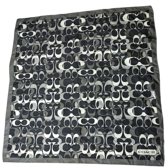Coach Silk Logo Scarf Monogram Black White Gray Signature Designer Pattern - Picture 1 of 9